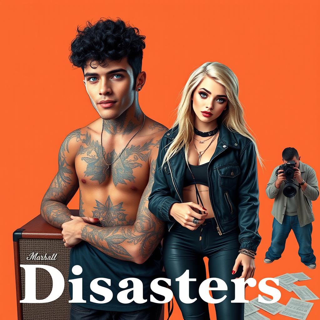 A tall male rock star with captivating blue eyes, light brown skin adorned with nature-themed tattoos, and curly black hair styled in a short shag