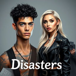 A tall male rock star with captivating blue eyes, light brown skin adorned with nature-themed tattoos, and curly black hair styled in a short shag