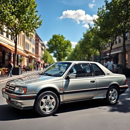 A sleek and powerful Peugeot 405 parked on a picturesque street, surrounded by vibrant tree-lined sidewalks and charming cafes