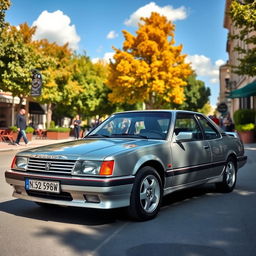 A sleek and powerful Peugeot 405 parked on a picturesque street, surrounded by vibrant tree-lined sidewalks and charming cafes