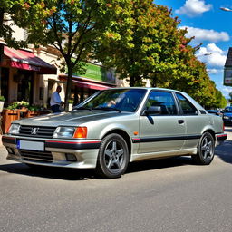 A sleek and powerful Peugeot 405 parked on a picturesque street, surrounded by vibrant tree-lined sidewalks and charming cafes
