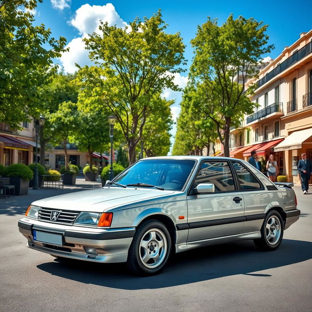 A sleek and powerful Peugeot 405 parked on a picturesque street, surrounded by vibrant tree-lined sidewalks and charming cafes