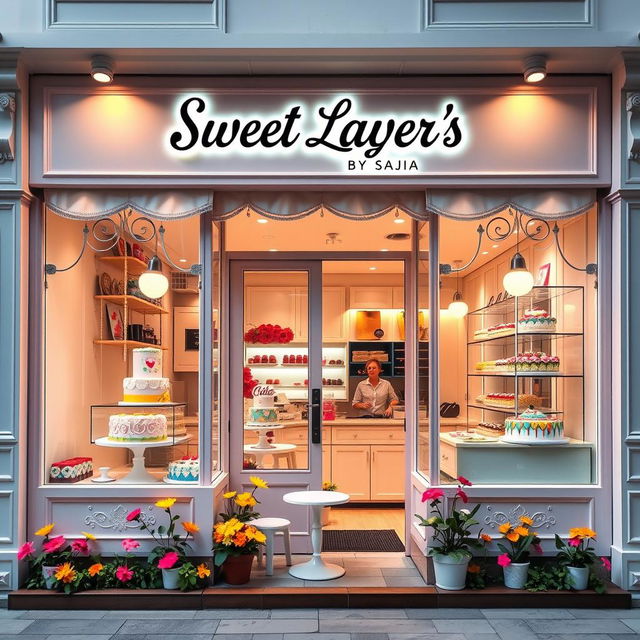 A beautifully designed cake shop named "Sweet Layer's By Sajia", featuring an elegant storefront with large glass windows showcasing a variety of colorful and intricate cakes