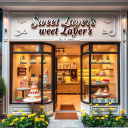 A beautifully designed cake shop named "Sweet Layer's By Sajia", featuring an elegant storefront with large glass windows showcasing a variety of colorful and intricate cakes