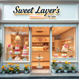 A beautifully designed cake shop named "Sweet Layer's By Sajia", featuring an elegant storefront with large glass windows showcasing a variety of colorful and intricate cakes