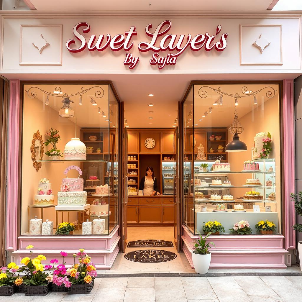 A beautifully designed cake shop named "Sweet Layer's By Sajia", featuring an elegant storefront with large glass windows showcasing a variety of colorful and intricate cakes