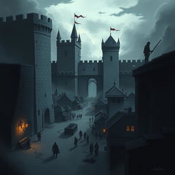 An illustration depicting the prison-city of Wheloon in Cormyr, showcasing its imposing architecture and dark ambiance
