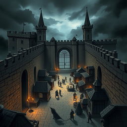 An illustration depicting the prison-city of Wheloon in Cormyr, showcasing its imposing architecture and dark ambiance