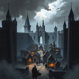 An illustration depicting the prison-city of Wheloon in Cormyr, showcasing its imposing architecture and dark ambiance