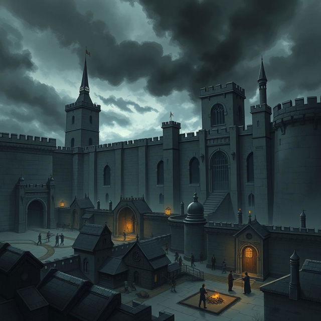 An illustration depicting the prison-city of Wheloon in Cormyr, showcasing its imposing architecture and dark ambiance