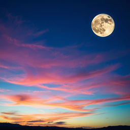 A beautiful sky filled with vibrant colors during twilight, showcasing two moons of different sizes and hues illuminating the landscape below