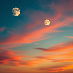 A beautiful sky filled with vibrant colors during twilight, showcasing two moons of different sizes and hues illuminating the landscape below
