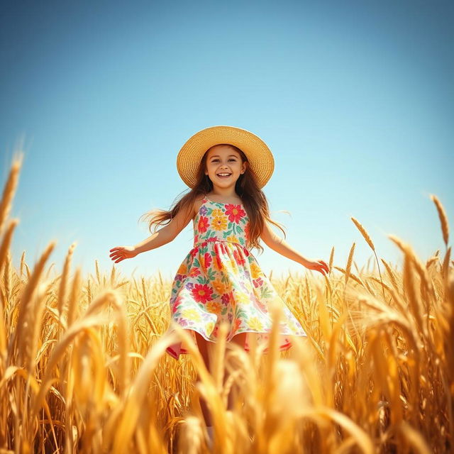 A vibrant wheat field filled with golden stalks under a bright blue sky