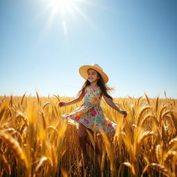 A vibrant wheat field filled with golden stalks under a bright blue sky