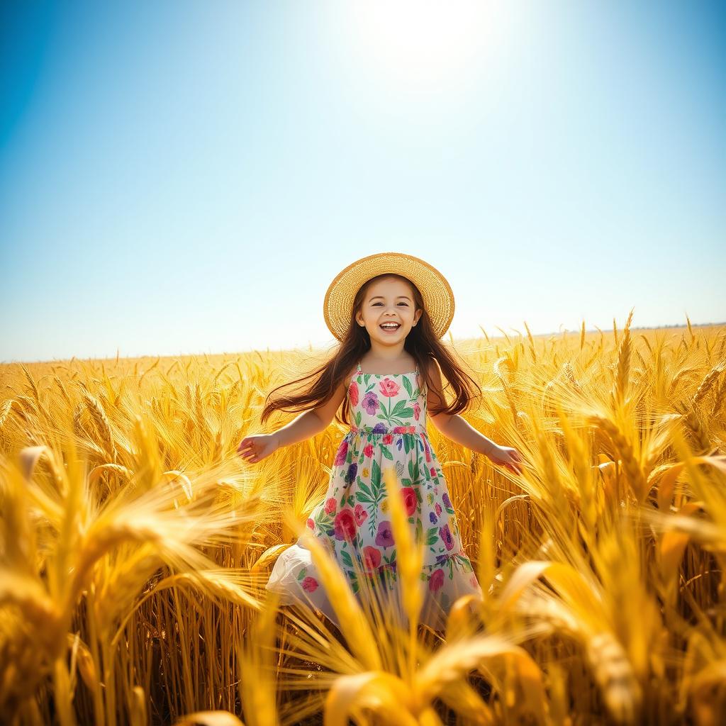 A vibrant wheat field filled with golden stalks under a bright blue sky