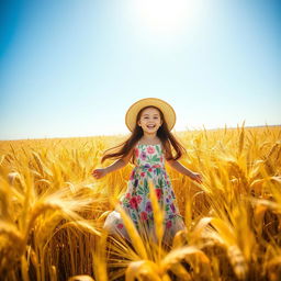 A vibrant wheat field filled with golden stalks under a bright blue sky