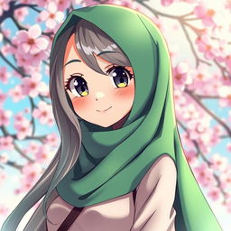 A vibrant anime character wearing a stylish green hijab, with beautiful long flowing hair partially visible, set against a colorful background filled with cherry blossoms
