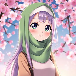 A vibrant anime character wearing a stylish green hijab, with beautiful long flowing hair partially visible, set against a colorful background filled with cherry blossoms
