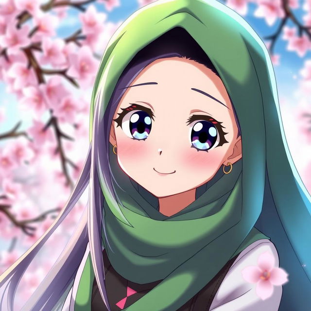 A vibrant anime character wearing a stylish green hijab, with beautiful long flowing hair partially visible, set against a colorful background filled with cherry blossoms