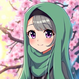 A vibrant anime character wearing a stylish green hijab, with beautiful long flowing hair partially visible, set against a colorful background filled with cherry blossoms
