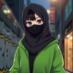 A stylish anime character wearing a black hijab and a black mask, dressed in a vibrant green hoodie