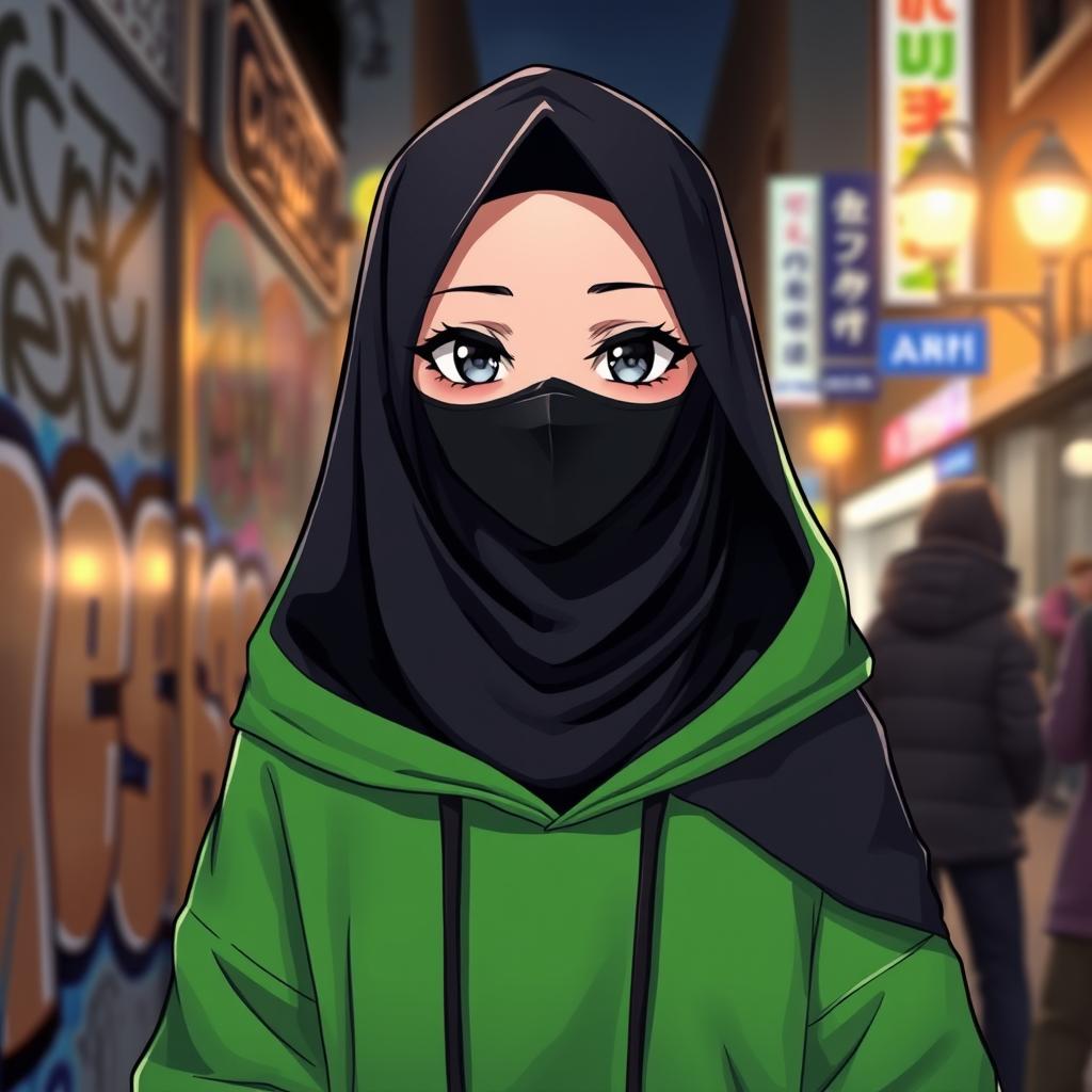 A stylish anime character wearing a black hijab and a black mask, dressed in a vibrant green hoodie