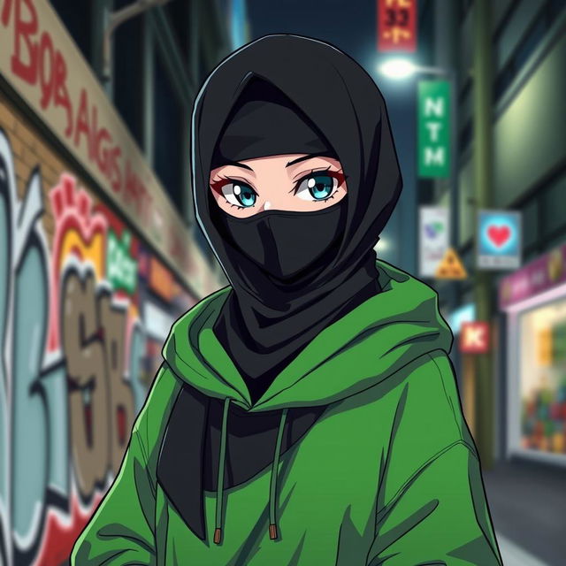 A stylish anime character wearing a black hijab and a black mask, dressed in a vibrant green hoodie