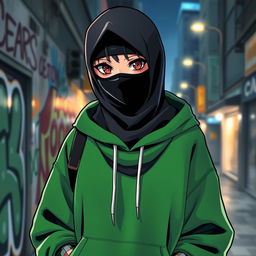 A stylish anime character wearing a black hijab and a black mask, dressed in a vibrant green hoodie