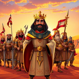 A vibrant Pixar-style cartoon image depicting a troop of ancient Arab warriors led by a regal King