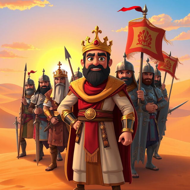 A vibrant Pixar-style cartoon image depicting a troop of ancient Arab warriors led by a regal King