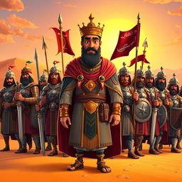 A vibrant Pixar-style cartoon image depicting a troop of ancient Arab warriors led by a regal King