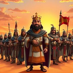 A vibrant Pixar-style cartoon image depicting a troop of ancient Arab warriors led by a regal King