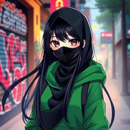 A striking anime girl with long flowing black hair, wearing a stylish black hijab that complements her outfit, featuring intricate patterns