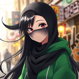 A striking anime girl with long flowing black hair, wearing a stylish black hijab that complements her outfit, featuring intricate patterns