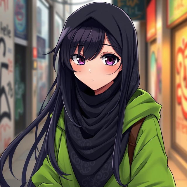 A striking anime girl with long flowing black hair, wearing a stylish black hijab that complements her outfit, featuring intricate patterns