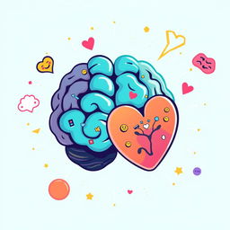 A colorful turquoise, stylized brain and heart intertwined, surrounded by vibrant thought bubbles, small light rays, and abstract shapes emphasizing the themes of 'mind' and 'creativity'