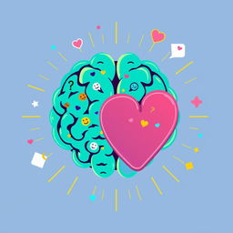 A colorful turquoise, stylized brain and heart intertwined, surrounded by vibrant thought bubbles, small light rays, and abstract shapes emphasizing the themes of 'mind' and 'creativity'