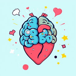 A colorful turquoise, stylized brain and heart intertwined, surrounded by vibrant thought bubbles, small light rays, and abstract shapes emphasizing the themes of 'mind' and 'creativity'