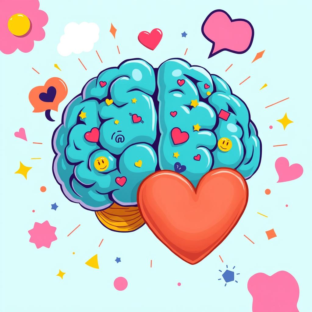 A colorful turquoise, stylized brain and heart intertwined, surrounded by vibrant thought bubbles, small light rays, and abstract shapes emphasizing the themes of 'mind' and 'creativity'