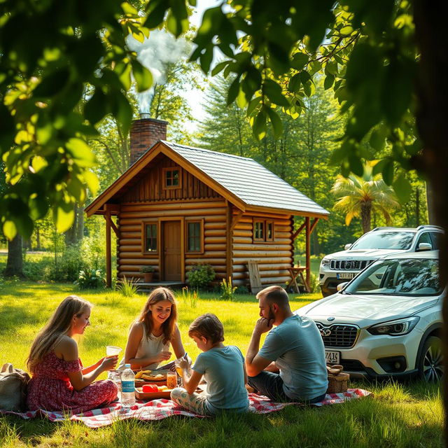 A lush green nature scene featuring a small wooden house with a chimney gently emitting smoke