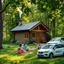 A lush green nature scene featuring a small wooden house with a chimney gently emitting smoke