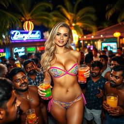 A stunning blonde woman wearing a strapless, colorful bikini that accentuates her big cleavage, surrounded by a lively, dense crowd of Indian men outdoors at a vibrant bar at night