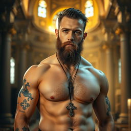A hot, muscular Orthodox priest, confidently standing shirtless, showcasing an impressive physique and traditional religious symbols tattooed on his body