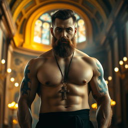 A hot, muscular Orthodox priest, confidently standing shirtless, showcasing an impressive physique and traditional religious symbols tattooed on his body