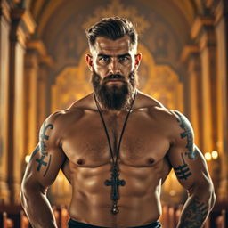 A hot, muscular Orthodox priest, confidently standing shirtless, showcasing an impressive physique and traditional religious symbols tattooed on his body