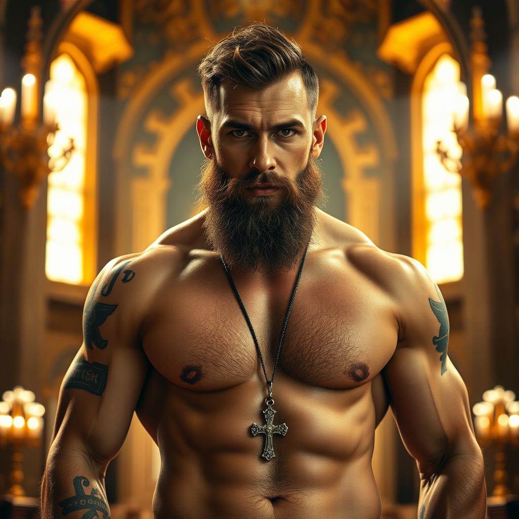 A hot, muscular Orthodox priest, confidently standing shirtless, showcasing an impressive physique and traditional religious symbols tattooed on his body