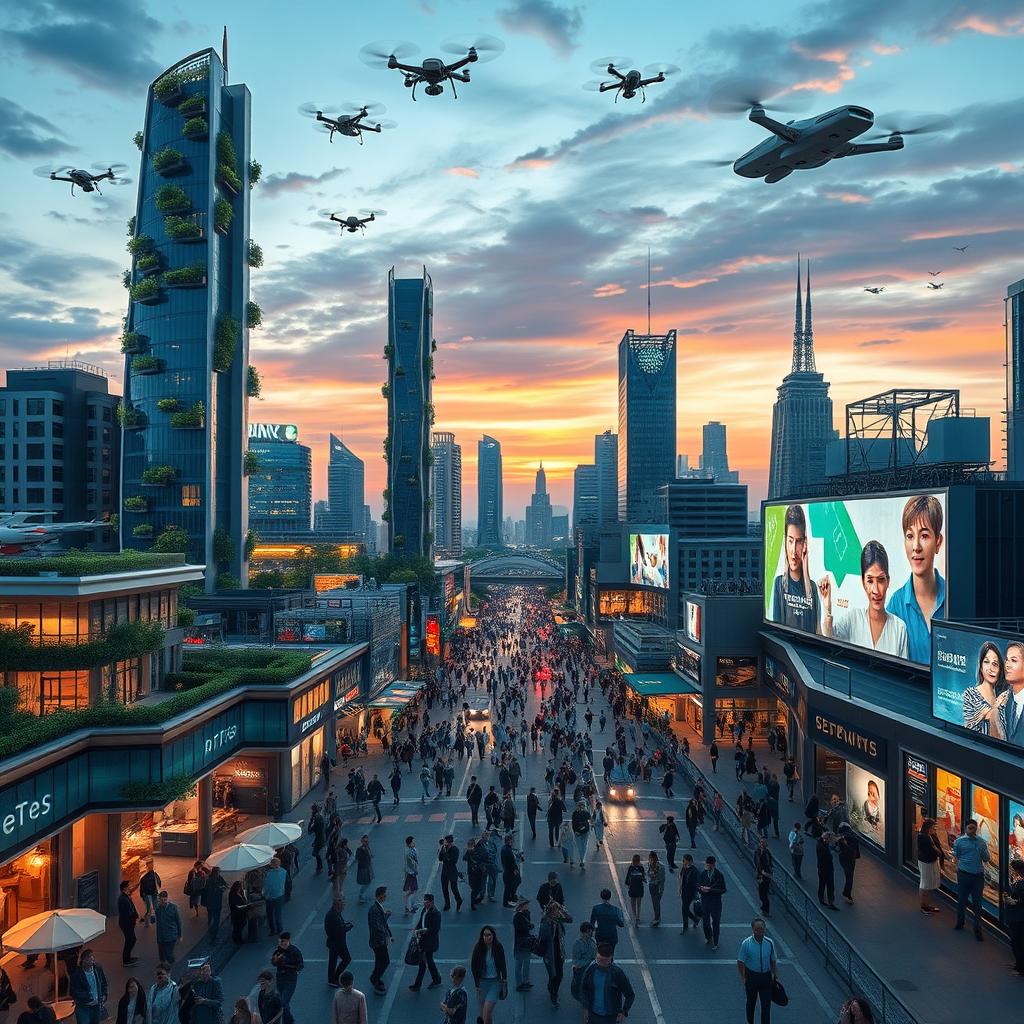 A vibrant and dynamic futuristic cityscape in 2024-2025, filled with innovative architecture showcasing green technology, flying cars zooming across the sky, and people using futuristic devices