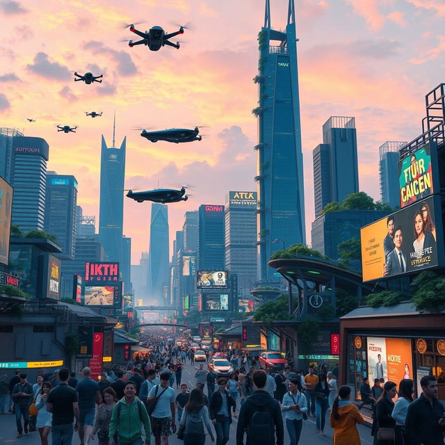 A vibrant and dynamic futuristic cityscape in 2024-2025, filled with innovative architecture showcasing green technology, flying cars zooming across the sky, and people using futuristic devices