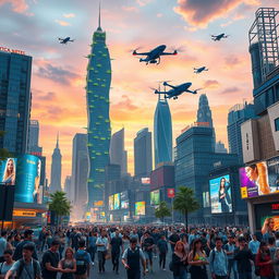 A vibrant and dynamic futuristic cityscape in 2024-2025, filled with innovative architecture showcasing green technology, flying cars zooming across the sky, and people using futuristic devices