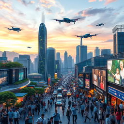A vibrant and dynamic futuristic cityscape in 2024-2025, filled with innovative architecture showcasing green technology, flying cars zooming across the sky, and people using futuristic devices